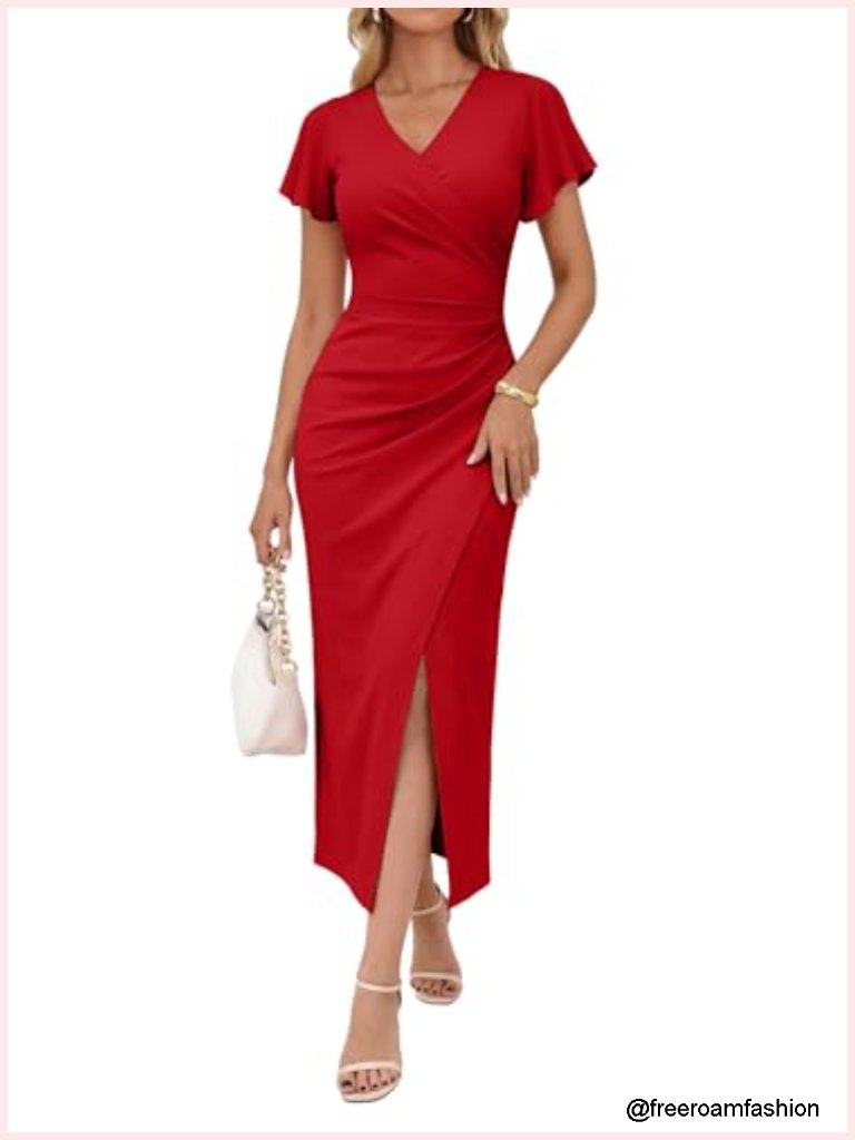 V Neck Faux Wrap Bodycon Ruched Side Slit Maxi Dress Cocktail Party